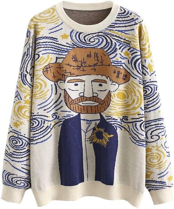 Women's Long Sleeve Crew Neck Sweatshirt Knit Pullover Casual Van Gogh Cartoon Sweater (Beige, XXL)