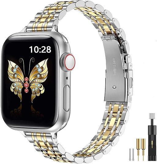 MioHHR Slim Metal Band Compatible with Apple Watch Band 42mm(Series 11 10) 41mm(Series 9 8 7) 40mm(Series 6 5 4 SE3/2/1) 38mm(Series 3 2 1),Stainless Steel iWatch Bands for Women, Silver/Gold