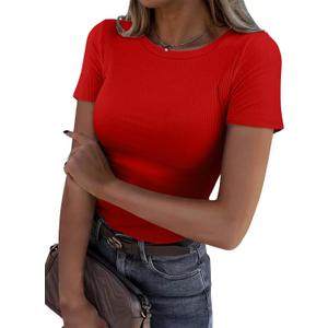 Roselux Women Crew Neck Ribbed Fitted Tight Tshirt Short Sleeve Shirt Basic Knit Top (Red, M)