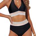 Yonique Women Tummy Control Bikini Two Piece High Waisted Swimsuit Push Up Bathing Suit Halter Bikini Top, Size L