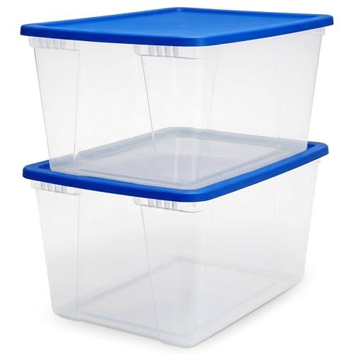 HOMZ 2-Pack Snaplock, Large Clear Plastic Storage Organizer Bins w/Lids, 56 Quart, Blue - Stackable Container Boxes for Bedroom, Bathroom, Garage, and Office Organization