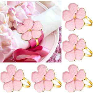 Patelai 12 Pcs Pink Flower Napkin Rings Set, Holiday Floral Napkin Ring Holder Gold Serviette Buckle Gift for Wedding Birthday Daily Party Banquet Luncheons Dinner Table Decor and Daily Use