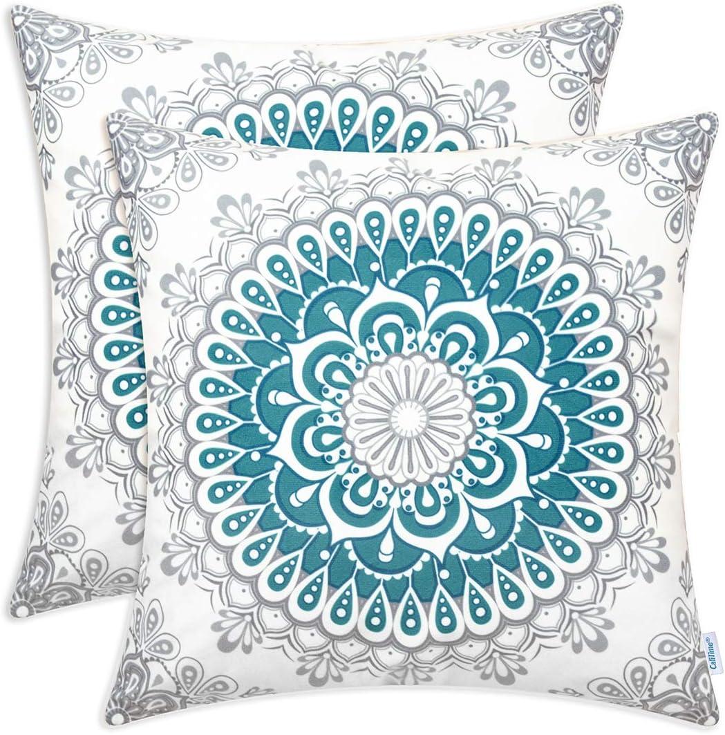 CaliTime Throw Pillow Covers Pack of 2 Cozy Fleece Mandala Dahlia Floral Medallion Compass Style Cushion Cases for Couch Bed Sofa Farmhouse Decoration 22 X 22 Inches Teal Grey