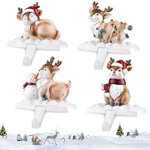 Kalolary Christmas Stocking Holders for Fireplace, 4 Styles Stocking Hangers with Christmas Elk Hook Pattern, Mantle Non-Slip Sturdy Mantel Stocking Hooks for Christmas Home Decoration Gifts