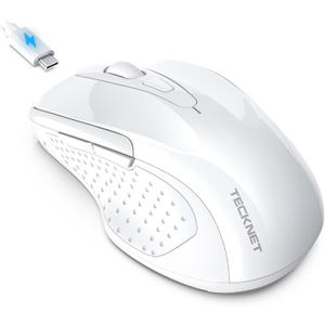 TECKNET Rechargeable Jiggler Wireless Mouse (BT5.0/3.0 & 2.4G) 4800 DPI Silent USB A & Bluetooth Mouse 6 Buttons, Wide Compatibility - White