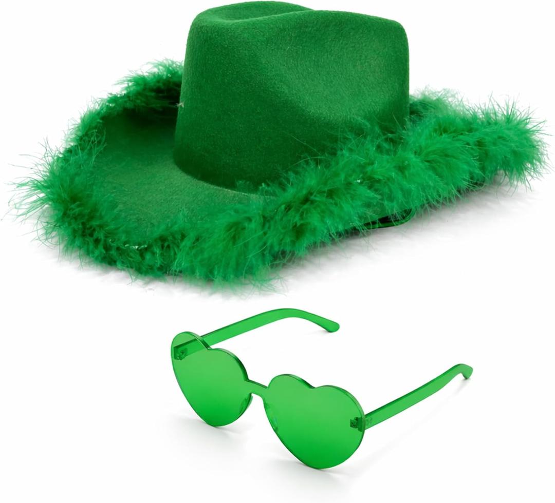 4E's Novelty Cowboy Hat with feathers With Heart Shaped Sunglasses for Women, Felt Cowgirl Hat for Party Costume Dress Up (Green)