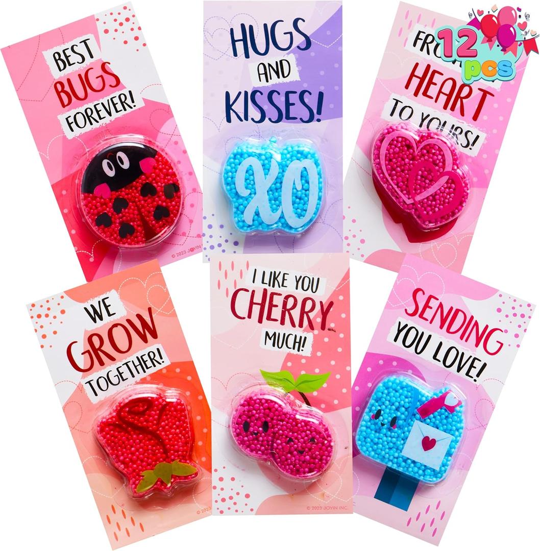 JOYIN 12 PCS Valentine's Day Gift Cards with Fun Foam Clay, Squashy Modeling Foam Beads Play Kits for Classroom Gift Exchange, Valentine Party Favors, Games Prizes