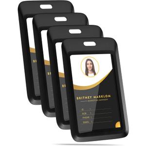 4 Pack Sliding Black ID Badge Holder, Heavy Duty Plastic ID Badge with Clear Window, Vertical Key Card Holder Protector Pouch for Office School ID Cards Proximity Key Cards Drivers Licenses & Passes