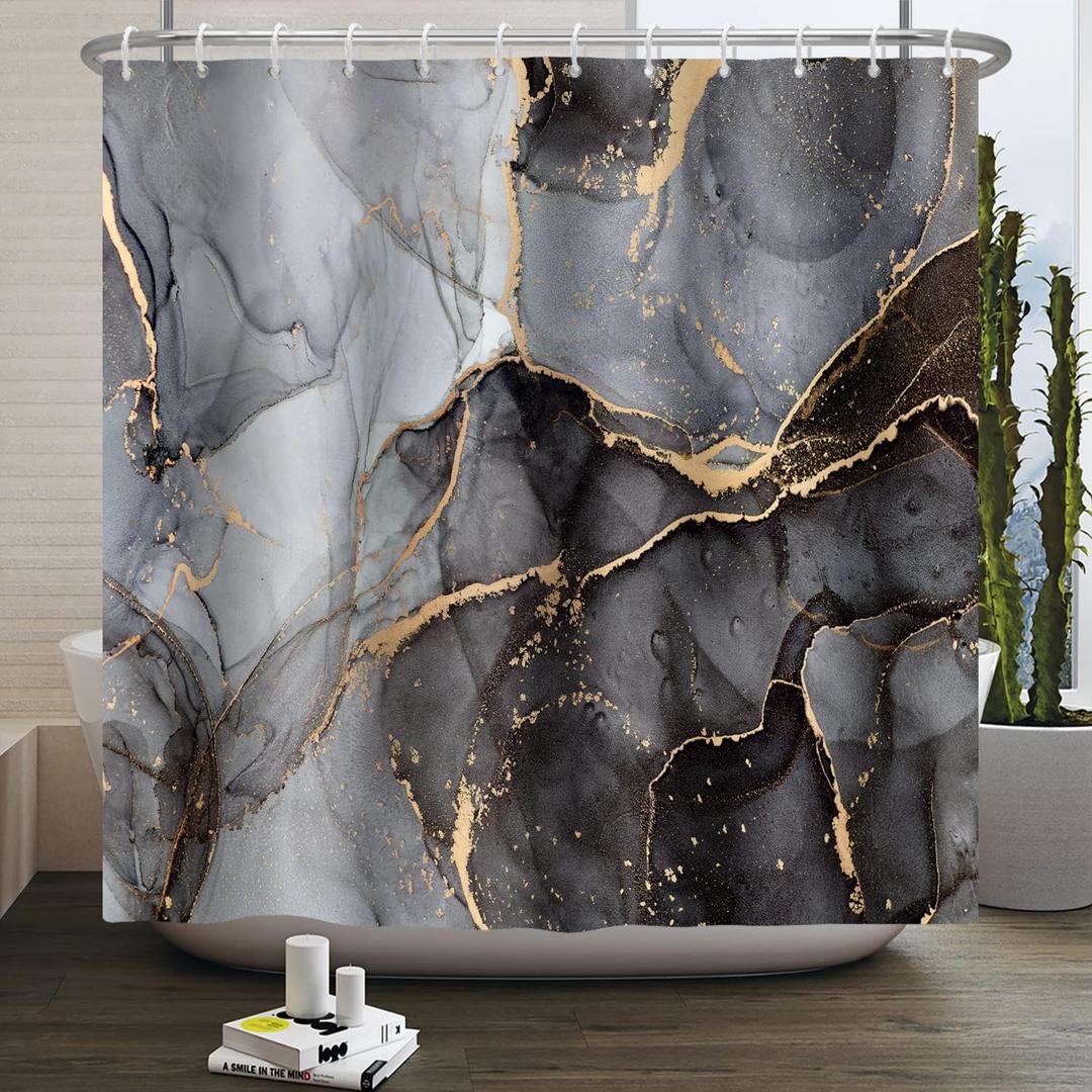 Baocicco Gray and Gold Marble Shower Curtain Modern Luxury Abstract Shower Curtains Decorative for Bathroom Bathtubs Waterproof Fabric Shower Curtain with Hooks 72x78 Inches (Grey)