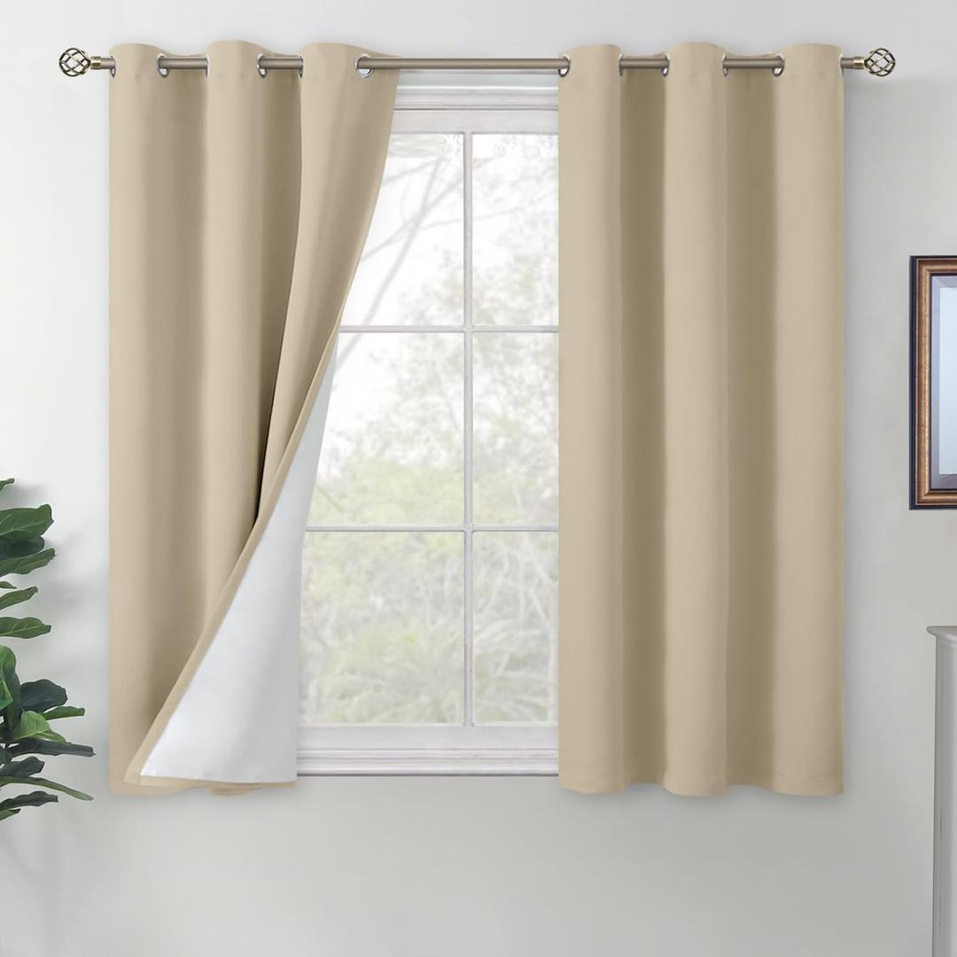 BGment Short Blackout Curtains for Bedroom 54 Inch Length, Thermal Insulated Soundproof Room Darkening Curtains for Small Window, Each Drape 42 Inch Wide, Beige, 2 Panels