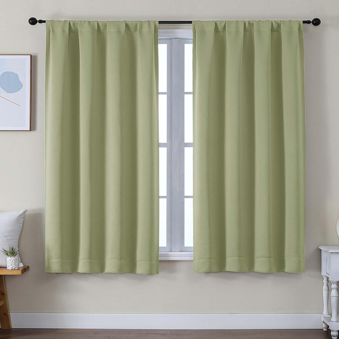 Simplebrand Ava Sage Green Blackout Curtains for Bedroom 63 Inch Length 2 Panels Set, Solid Thermal Insulated Privacy Living Room Window Treatment Curtains Blackout Drapes, W50 x L63 Inch