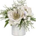 DILATATA 12-inch White Christmas Table Centerpiece with 5" Glitter Magnolia Flower and White Berries Fir Greenery Artificial Floral Centerpiece
