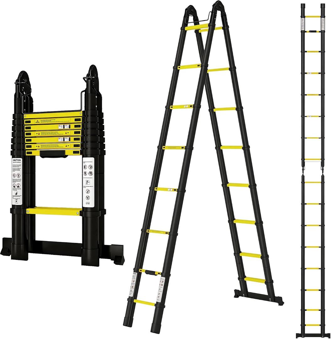 Telescoping Ladder A Frame 16.5Ft Aluminum with Stabilizer Bar, 330 LBS Capacity, Collapsible Extension Ladder for House, Roof, RV & Travel Trailer(Black+Yellow)