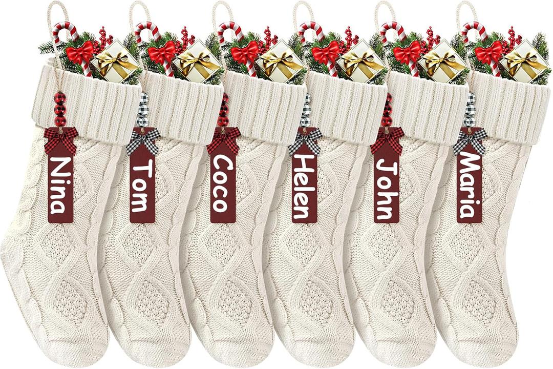 Christmas Stockings 18 Inches,Long Knitted Stocking with Name Tags, Christmas Decoration Hanging Stockings Fireplace Xmas Tree Ornaments for Home Family (6p-white-gj)