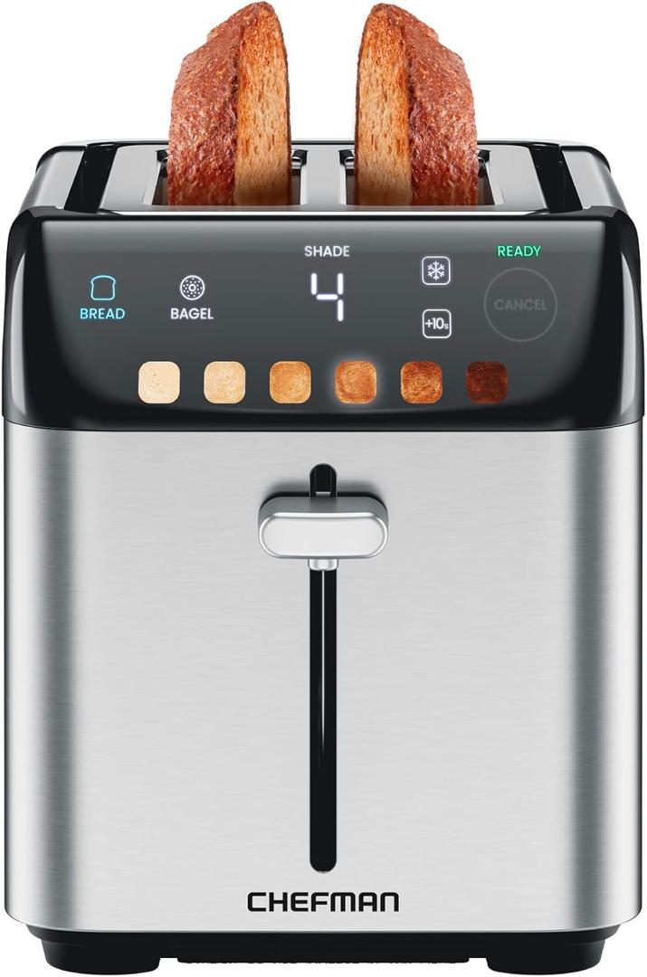 Chefman Smart Touch 2 Slice Digital Toaster, 6 Shade Settings, Stainless Steel with Extra-Wide Slots, Thick Bread and Bagel, +10, Defrost, Removable Crumb Tray