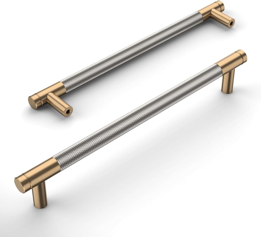 Amerdeco 10 Pack Champagne Bronze and Brushed Nickel Knurled Cabinet Pulls 7.5 Inch Hole Center to Hole Center Kitchen Cabinet Handles for Drawer Dresser, Cupboard and Wardrobe ZH0040