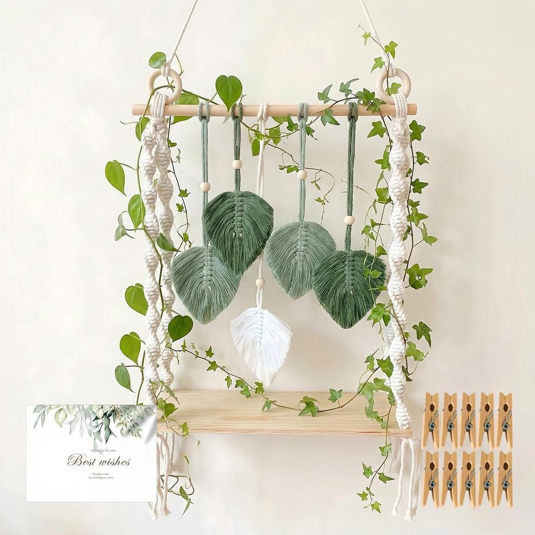 Macrame Wall Hanging Shelf, Boho Wall Decor Woven Leaf Tapestry, Floating Shelves for Bedroom Kitchen Living Room Bathroom Nursery, Hanging Plant & Book Display Shelf