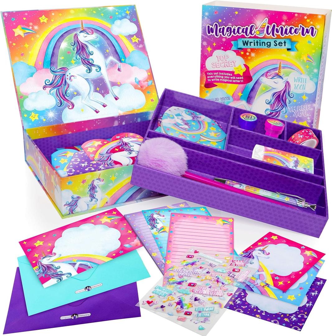 Original Stationery Unicorn Letter Writing Kit - 45-Piece Multi-Color Paper & Sticker Set With Purple Storage Box - Stationery & Letter Paper for Girls