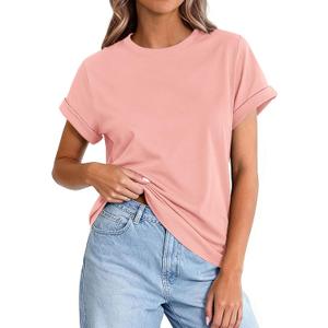 PRETTYGARDEN Womens Summer Tops 2026 Spring Casual Rolled Short Sleeve Basic Tees Crew Neck Work Shirts Fashion Clothing (X-Large, Pink)