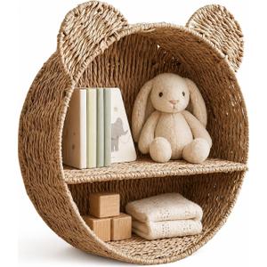 Woven Wall Basket Shelf Bear Nursery Decor  Boho Handwoven Hanging Wall Decor for Kids Room, Paper Rope Stuffed Animal Organizer, Baby Nursery Floating Shelf (Khaki)