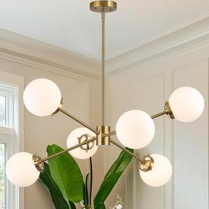 Modern Gold Sputnik Chandelier, 6-Light Mid Century Ceiling Light Fixture with Frosted Glass Globe Shades, Adjustable Height Brass Pendant Lighting for Living Room, Dining Room, Kitchen Island