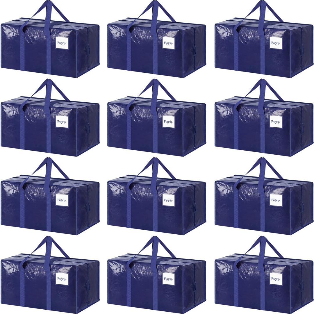 10 Pack Extra Heavy Duty Large Moving Bags with Strong Zipper & Comfortable Handles, Sturdy & Durable Clothes Storage Bags Totes Bins, Packing Moving Boxes for College Supplies, Dark Blue