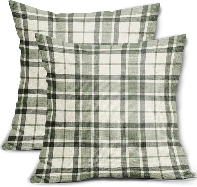 Sage Green Plaid Pillow Covers 18x18 Set of 2 Grey Cream Buffalo Plaid Tartan Print Spring Decorative Outdoor Pillowcases Farmhouse Rustic Throw Cushion Case Decor for Home Couch Sofa Bed