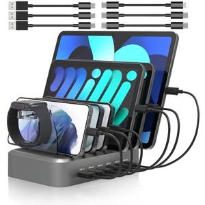 MSTJRY 90W 6-Port USB C Fast Charging Station for Multiple Devices, Multi PD Charger Station for iPhone iPad Tablet Phone, Charging Dock Organizer with Adjustable Dividers for Home Office Classroom