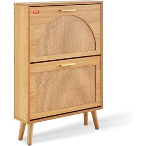 VEVOR Shoe Cabinet with 2 Flip Drawers, Shoe Storage Cabinet for Entryway, Free Standing Shoe Storage Organizer with Rattan Doors for Heels, Boots, Slippers in Hallway, Living Room