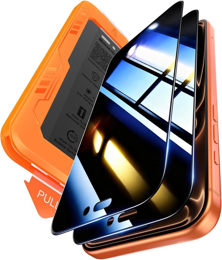 BossKiss for iPhone 17 Pro Privacy Screen Protector, TOP 9H Hardness Military Grade Shatterproof HD Tempered Glass, Full Coverage Anti-Scratch Easy Installation Case Friendly 2 Pack