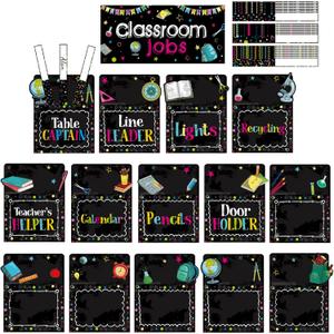 Pajean 75 Pcs Classroom Jobs Cards Teacher's Helpers Bulletin Board Set Class Jobs Pocket Chart with Chalkboard Brights Name Tags for Preschool Elementary Back to School Decor(Bright Chalkboard)