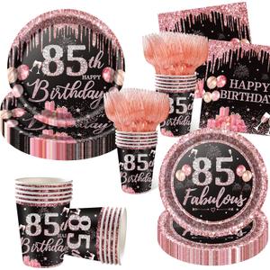 350PCS 85th Birthday Party Decorations for 50 Guests Black and Rose Gold Party Supplies for Women Include Disposable Paper Plates, Napkins, Cups, and Disposable Plastic Cutlery (85)