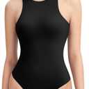 PUMIEY Women's High Neck Sleeveless Bodysuit Sexy Tank Tops Smoke Cloud Collection (Small, Jet Black)