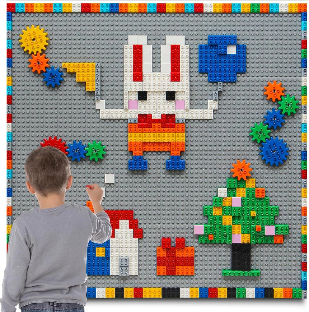 MIMAX Customize Building Block Wall, 470+ PCS Activity Wall Mount Toys Bricks with Self Adhesive Baseplate 8PCS (20"x10") for All Major Brands, Art Build On Table Wall, Gray