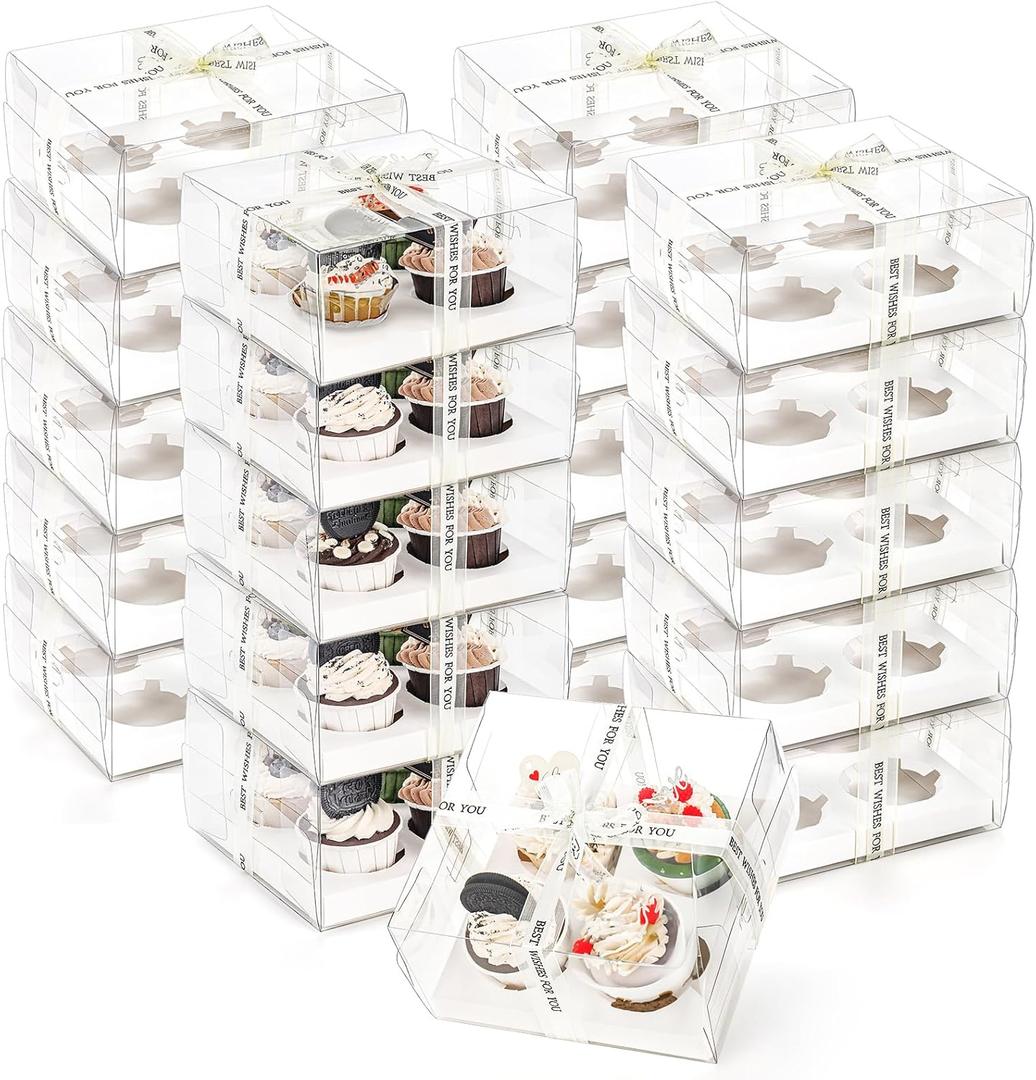 Cedilis 20 Pack Clear Cupcake Boxes with Gift Ribbon, 4 Count Plastic Cupcake Containers, Cupcake Carrier Holder for Treat Dessert Cookies Muffins Pastry Baby Shower Party