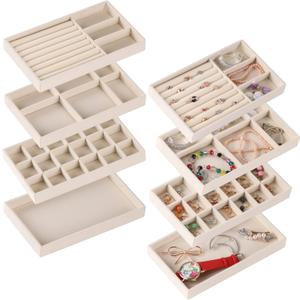 Set of 8 Stackable Jewelry Organizer Stackable Trays, Jewelry Drawer Inserts Container Display Case Storage for Earring Necklace Rings Bracelet Watch with Removable Dividers-Beige