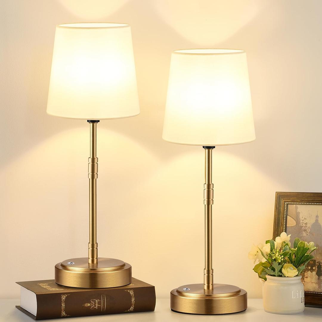 Cordless Table Lamps Set of 2 Battery Operated Lamp with 7500mAh Rechargeable Battery, Stepless Dimmable Vintage Brushed Gold Desk Wireless Lamps for Dining Room, Nightstand & Patio (Bulbs Included)