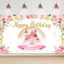 Tegeme Princess Birthday Party Backdrop Pink Royal Castle Photography Background Rainbow and Flower Background Banner for Girl Baby Birthday Decoration, 6 x 3.6 ft