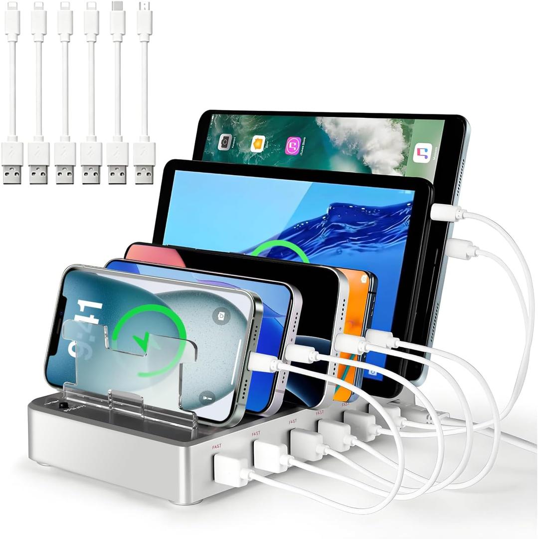 Charging Station for Multiple Devices, 300W Fast Charging 6 Port Charging Station - Compatible with iPhone iPad Android Tablets, Home Office Travel Organizer