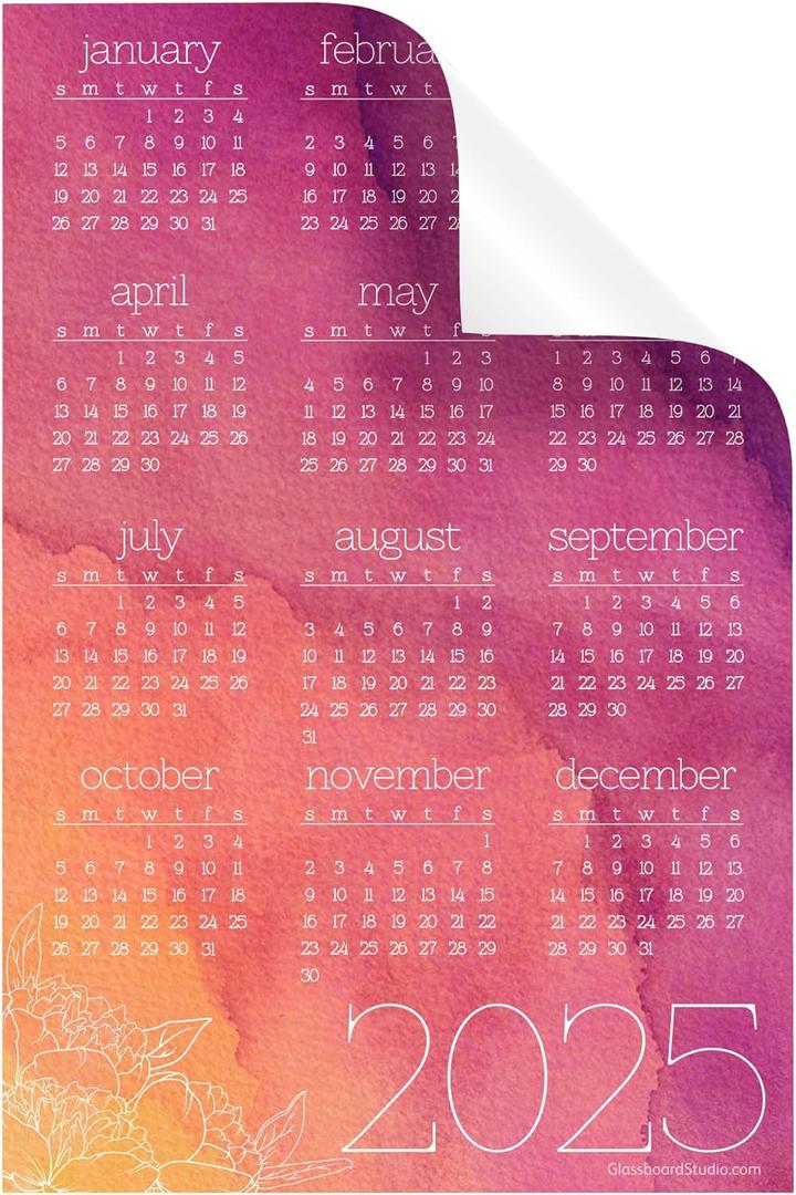 Annual Year-at-A-Glance Calendar Sticker Decal | Removable and Repositionable (Peony 2025, 6 x 9 inches)