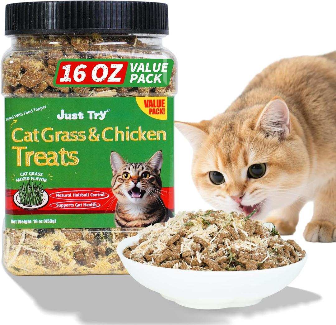 Just Try 16 OZ Cat Grass Jerky Treats for Indoor Cats Natural Chicken Healthy Cat Snacks Training Biscuits Hairball Control & Digestive Aid for Cats (EXP 10/09/26)
