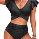 Women High Waist Bikini Sets - Two Piece Ruffle Tummy Control Swimsuits Bathing Suit (M, Black)