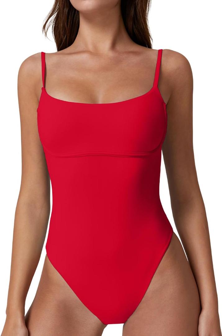 QINSEN Womens Seamed Cup Spaghetti Straps One Piece Bathing Suits Tummy Control Cheeky Swimsuit (Large, Red)