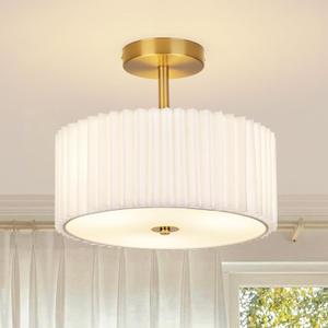 CLARSYNE Modern Semi Flush Mount Ceiling Light with Pleated Fabric Shade, 12.5” Drum Gold Light Fixture with Lights, Warm Black Linen Lamp for Bedroom, Living Room, Dining Room, Hallway, Kids Room,