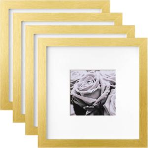 Yaetm 8x8 Picture Frames Gold Set of 4, Square Frame Displays 4x4 with Mat or 8 x 8 without Mat, Gallery Wall Frames 8x8 for Wall Mounting (4 pack, Gold)