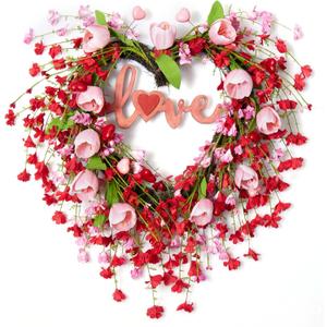 19in Heart Valentine's Day Wreath for Front Door Window, Artificial Valentines Day Door Wreath with Tulip, Berry, Forsythia Flower, Green Leaf and Love Wooden Board for Wedding Festival Wall Decor