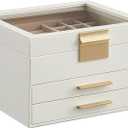 SONGMICS GISELLA Collection - Jewelry Box Organizer, 3-Layer Jewelry Storage with 2 Drawers, Shiny Metal Hardware, Glass Lid, Modern, 8 x 9.1 x 5.3 Inches, Cloud White and Gold Color 