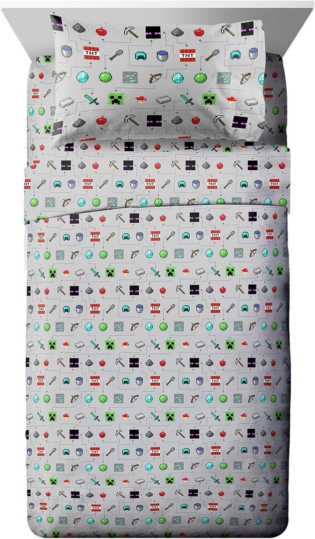 Jay Franco Kids Sheet Set with Fitted, Flat Sheets & Pillow Cover - Ultra-Soft Bedding with Pillowcase for Room Decor, Gray - Minecraft, 3 Piece Twin