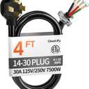 4 ft 4 Prong Dryer Cord, 30Amp 10 Gauge Dryer Power Cord Replacement, Pure Copper 4-Wire Dryer Cord with NEMA 14-30P Plug and O-Ring Terminals, 250V 7500W, ETL Listed, Black STW
