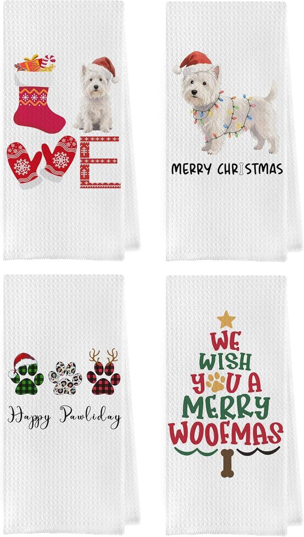 Christmas Westie Kitchen Towels Set - West Highland Terrier Gifts Waffle Decorative Dish Towels, Holiday Christmas Westie Dog Paw Tree Hand Towel for Kitchen Bathroom Decor, 16x24 Inch Set of 4